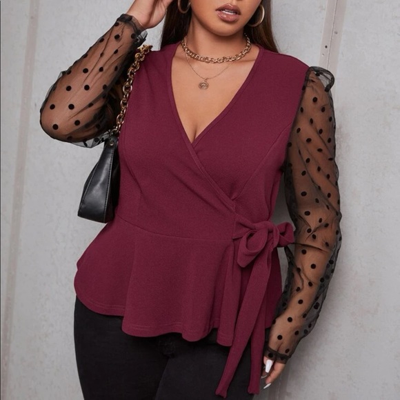 Boho plus size burgundy v neck tie side mesh sieved peplum blouse - Picture 10 of 10